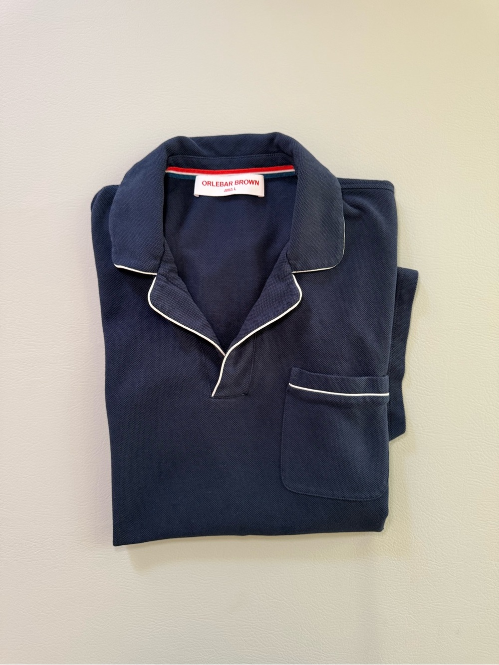 Orlebar Brown Navy Blue Pique Polo Shirt w/ pocket and Collar Trim Men’s Large